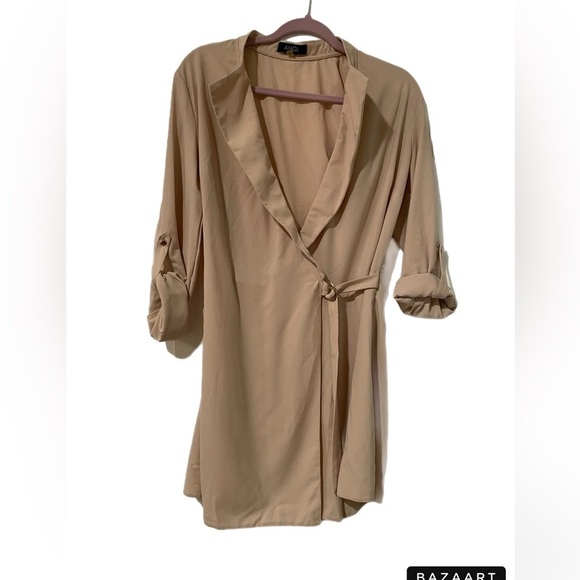 ANGL, beige wrap romper front looks like wrap dress but wraps over shorts. AAA - Picture 1 of 5